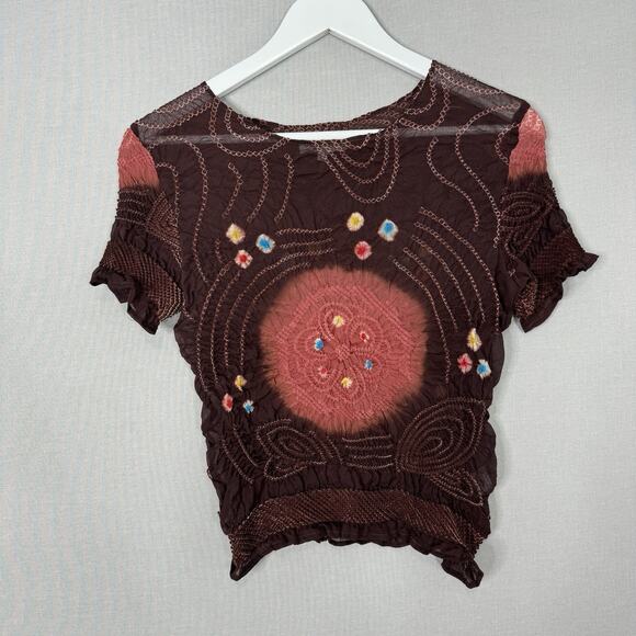 Original Tee Women Top Small Wine Silk Textured Tie Dye Hippie Boho Gypsy Blouse - Picture 2 of 11